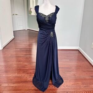 XSCAPE By Joanna Cher Navy Blue Beaded Embellished Off The Shoulder Gown Dress